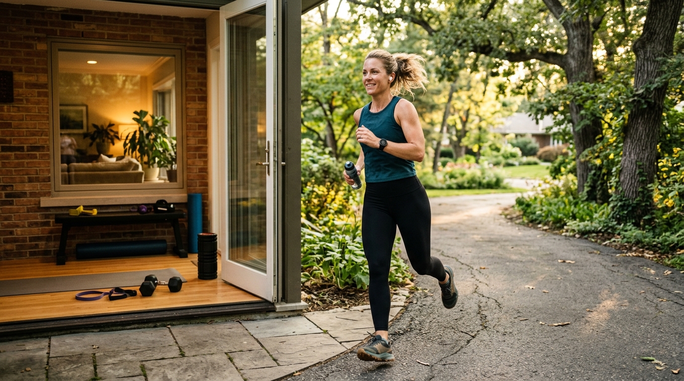 Woman transitioning from a home leg workout to a run as part of a leg fitness routine.