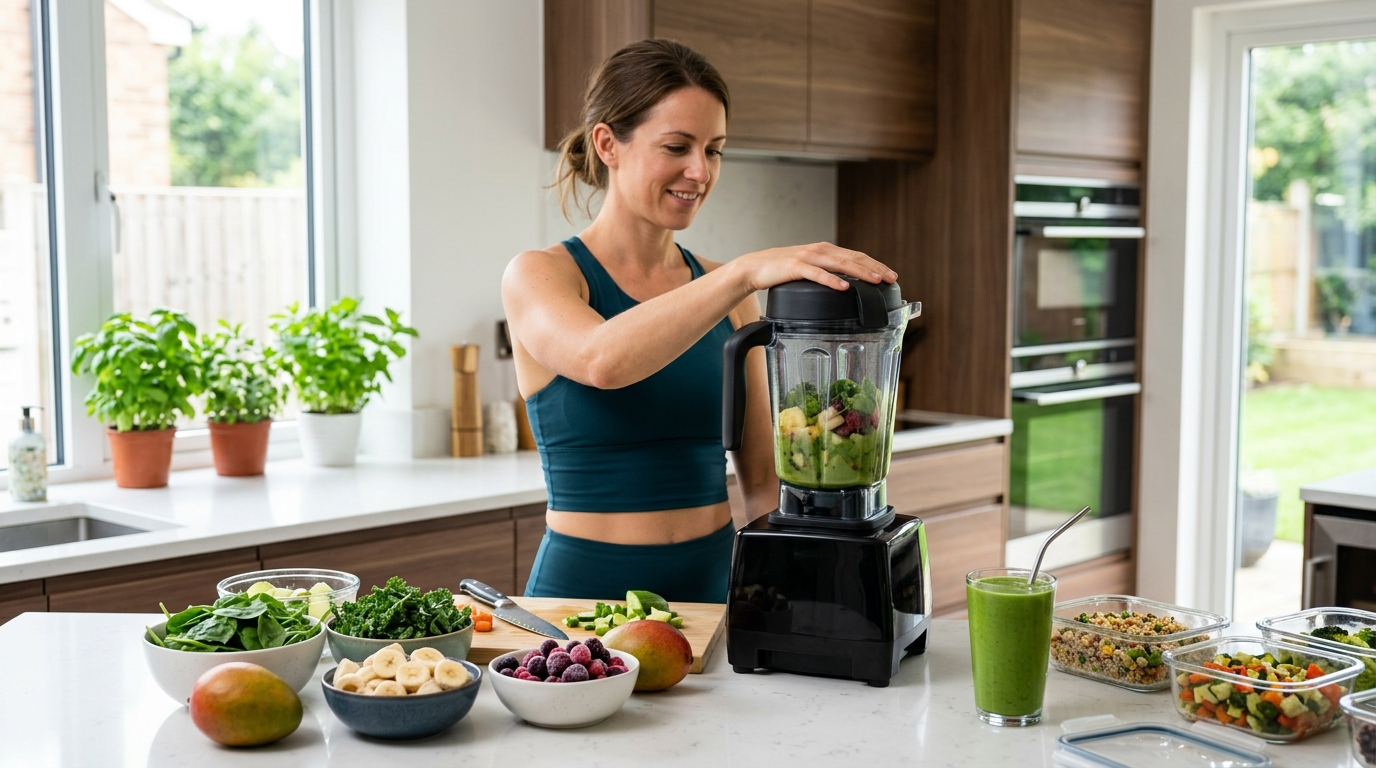 Woman using a Vitamix blender for healthy daily meal prep in a modern kitchen