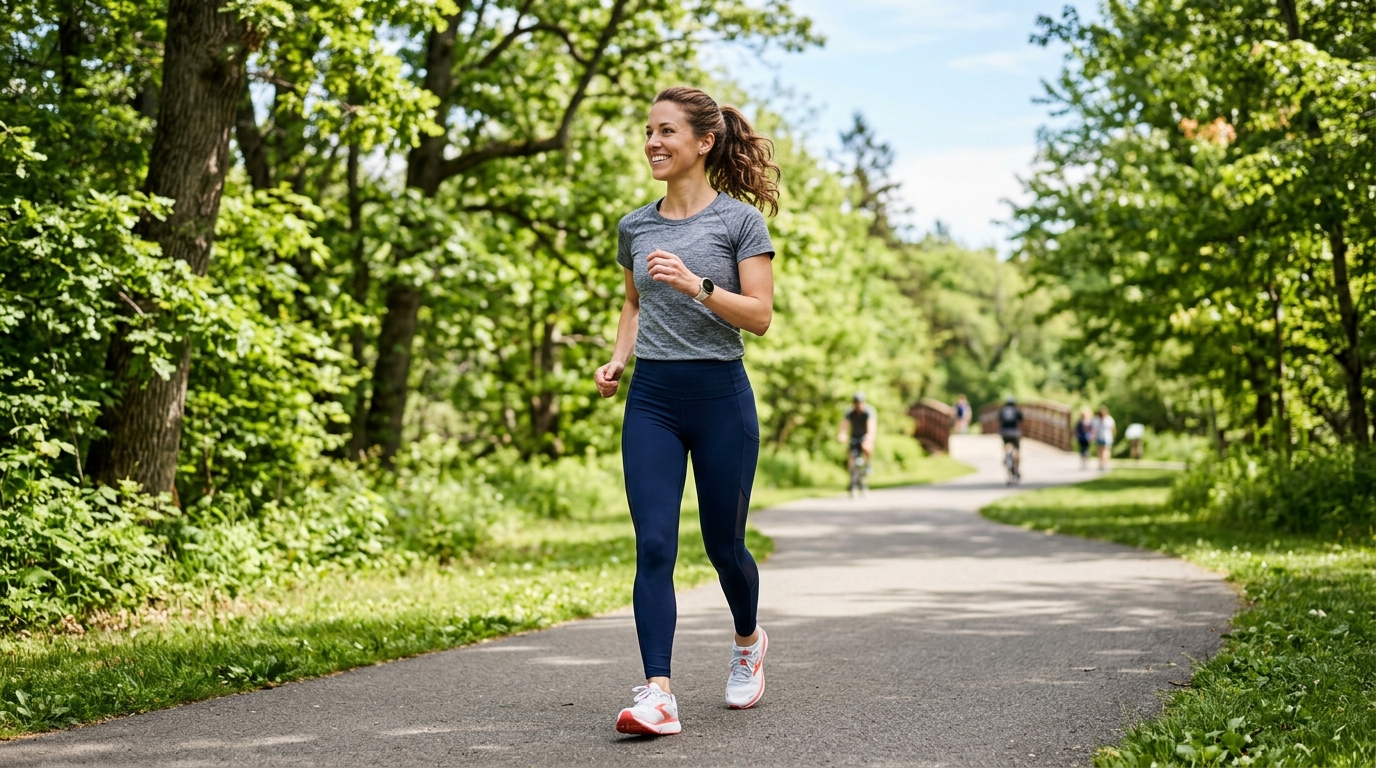 Fit woman walking outdoors on a sunny park path, representing daily exercise and consistent healthy movement.