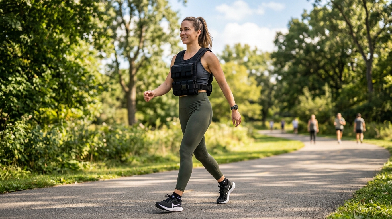 Athletic woman doing a 20-minute weighted vest walking workout outdoors on a sunny fitness path.