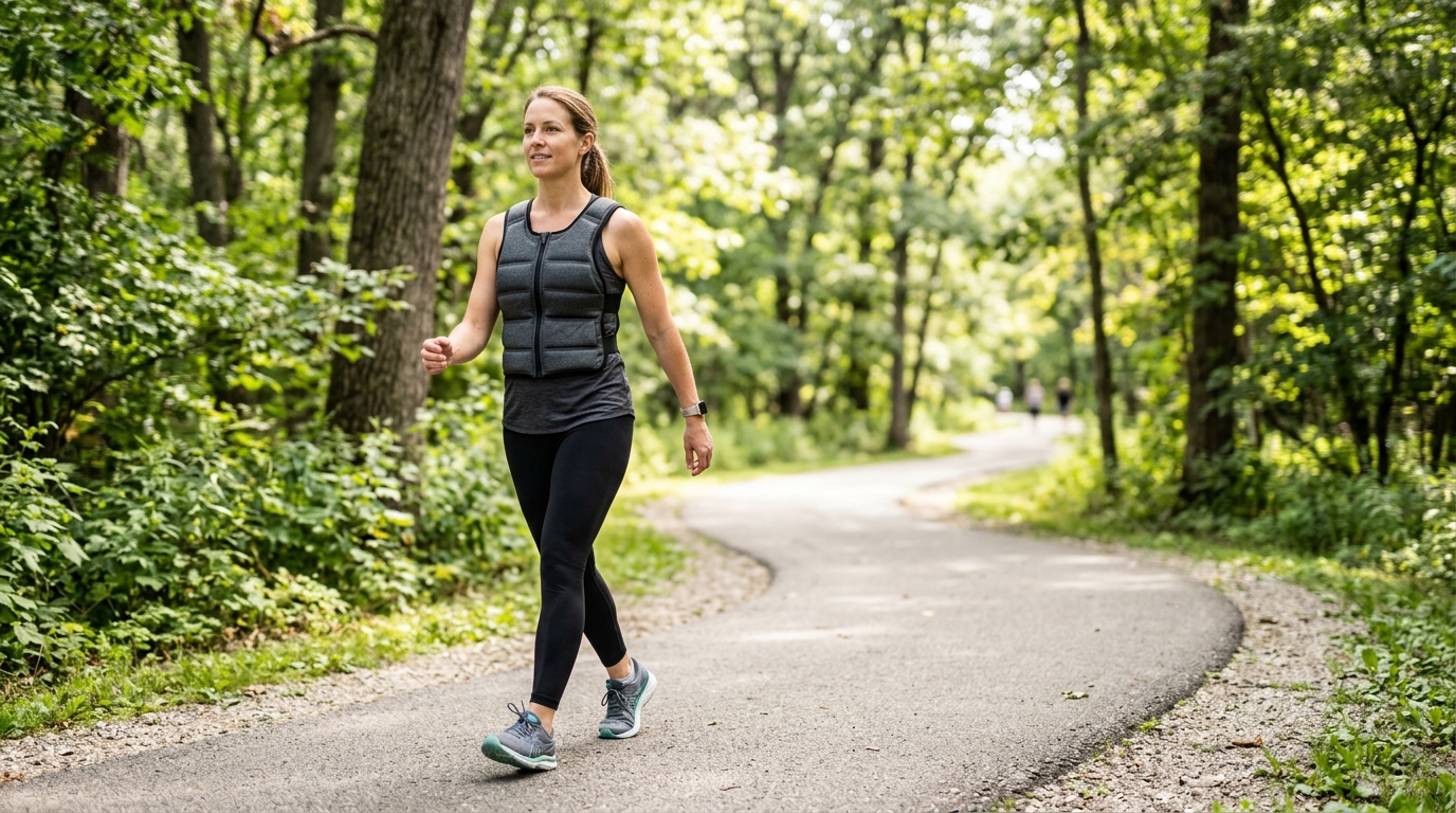 Woman doing a 20-minute weighted vest walking routine outdoors with proper walking posture.