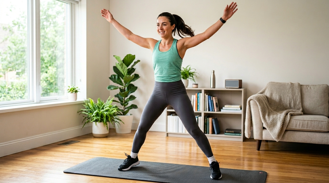 Woman warming up at home with jumping jacks before a home boot camp workout.
