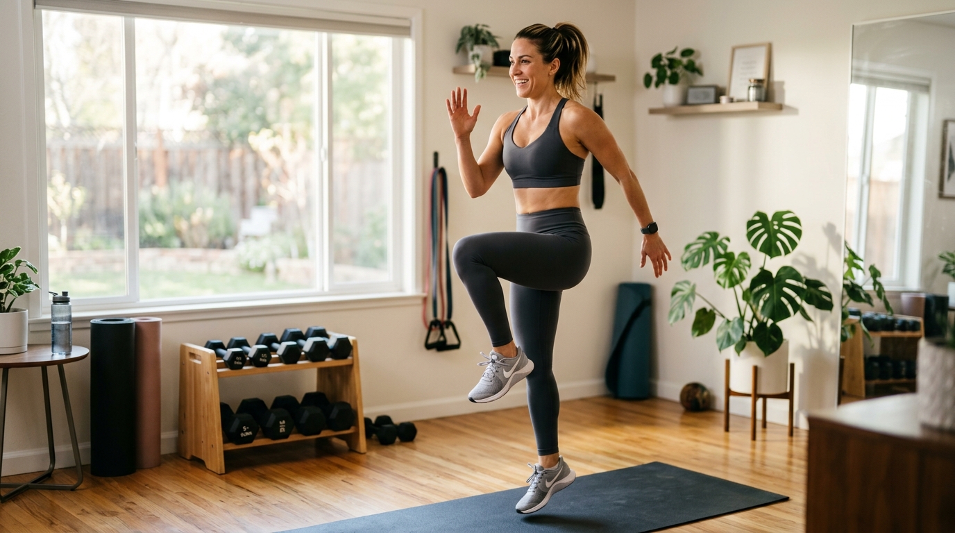Fit woman warming up at home before a leg workout with light bodyweight movement.