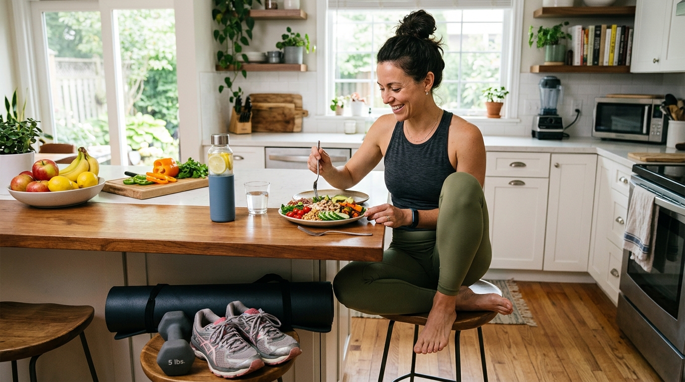 Healthy woman with workout gear and wholesome foods supporting flatter abs and overall fitness