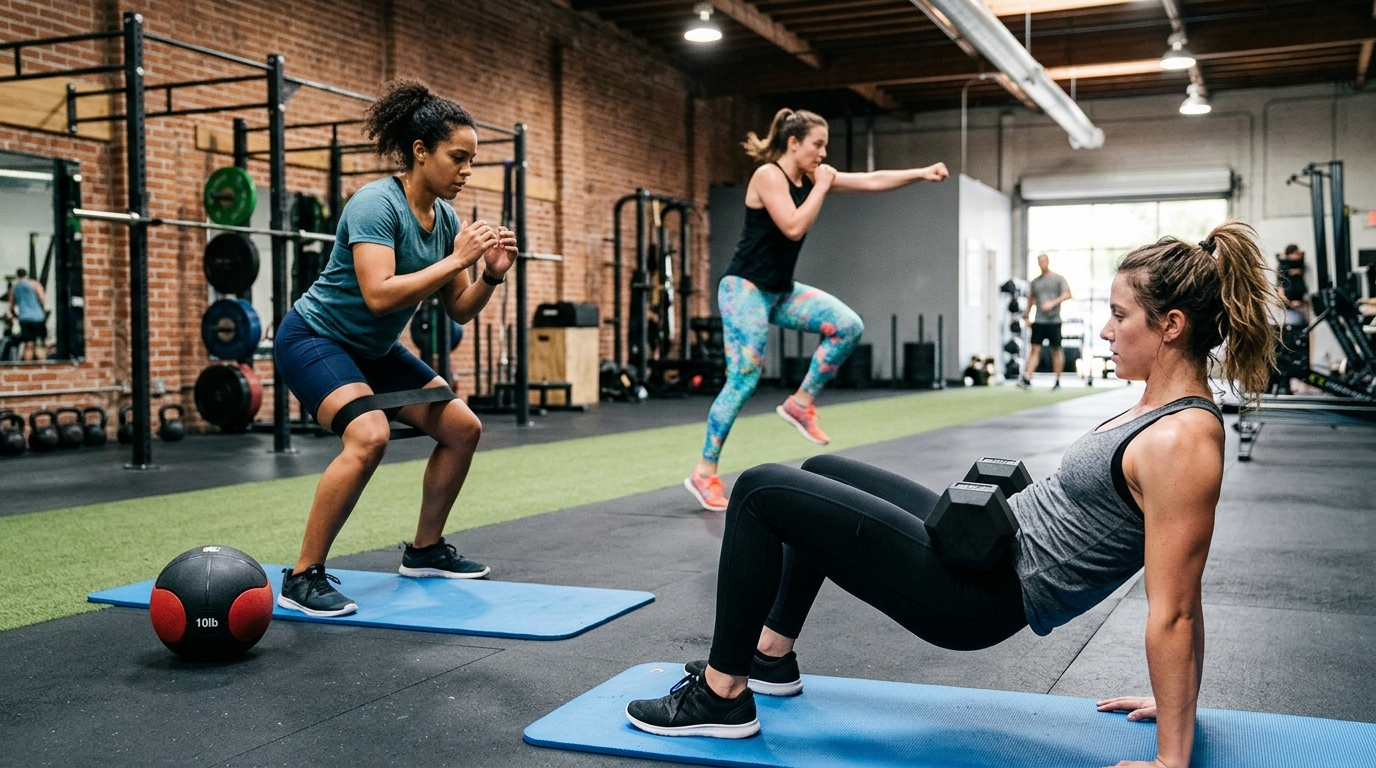 Women performing a four-exercise leg circuit with cardio, hip lifts, boxing movement, and squat work.