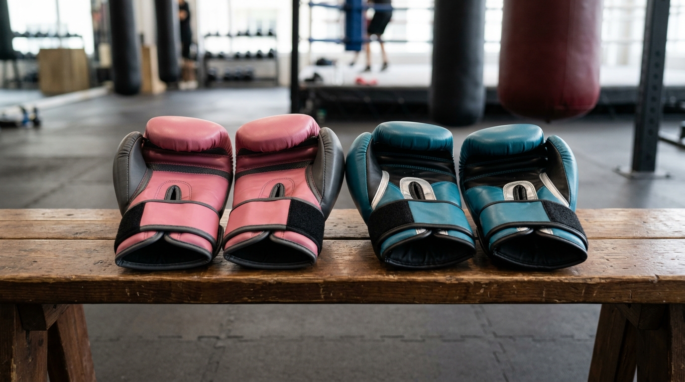 Two pairs of beginner-friendly women’s boxing gloves displayed side by side on a gym bench.