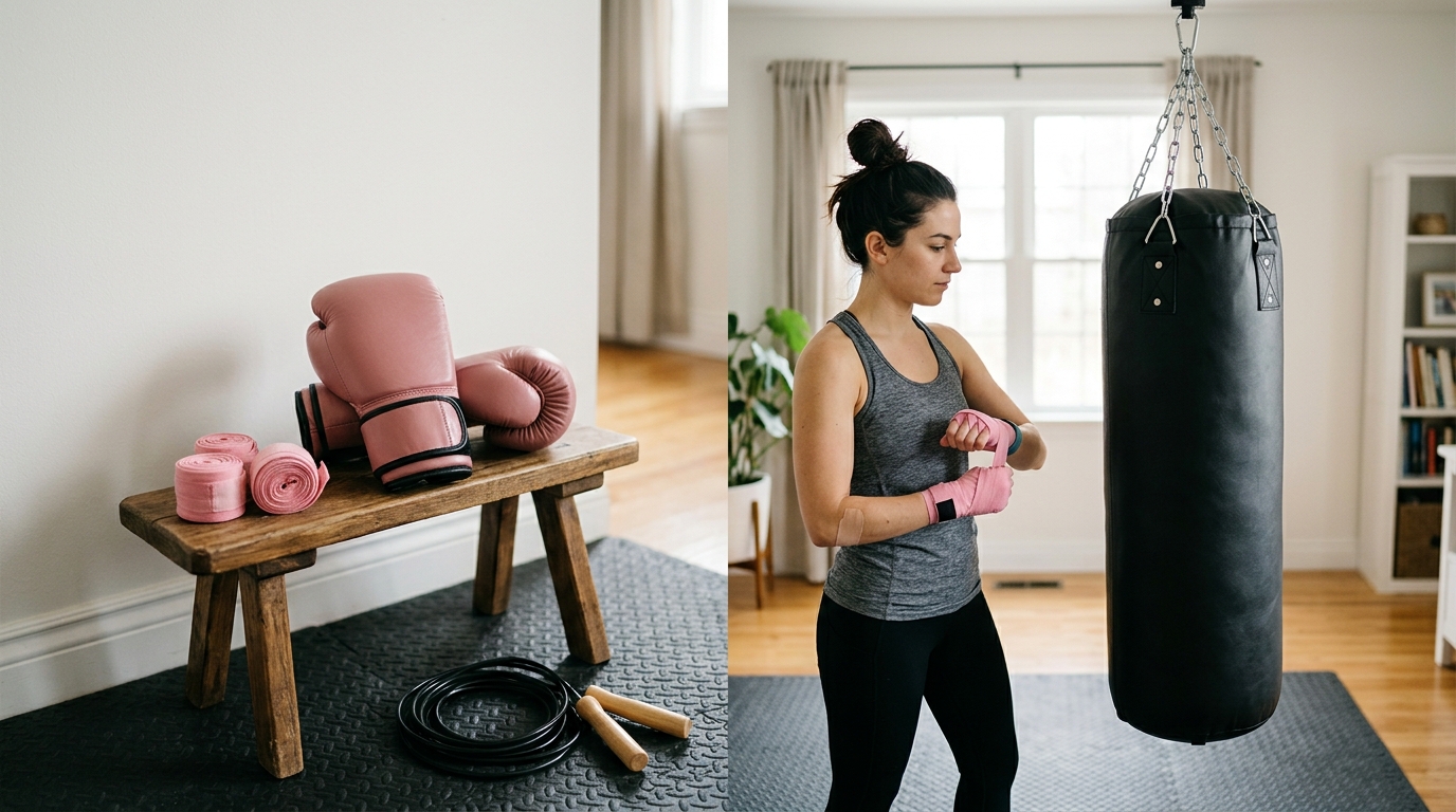 : Women’s boxing gloves, hand wraps, jump rope, and heavy bag arranged in a home workout space