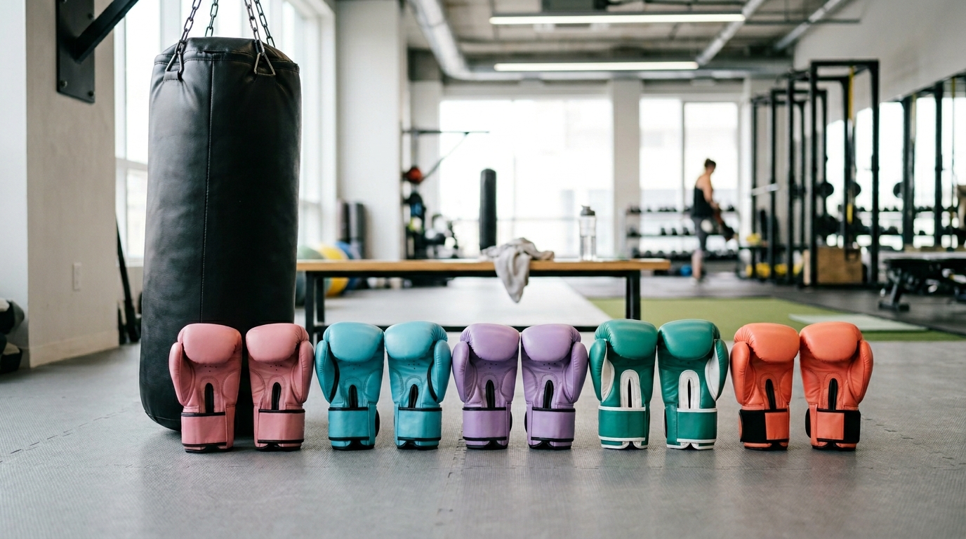 Several pairs of women’s boxing gloves displayed beside a heavy bag in a clean workout space