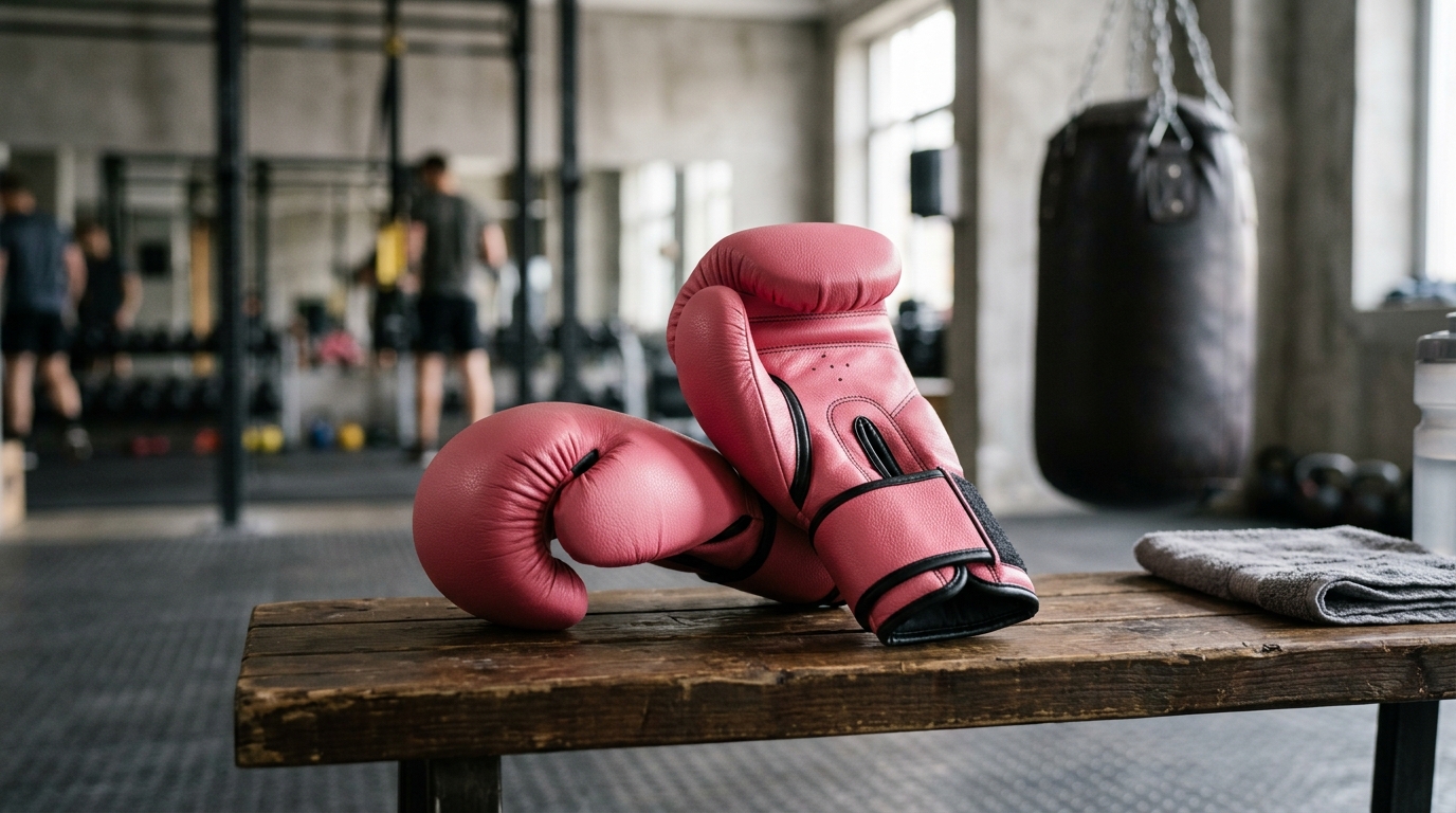 One standout pair of women’s boxing gloves displayed as a top recommendation beside a heavy bag.