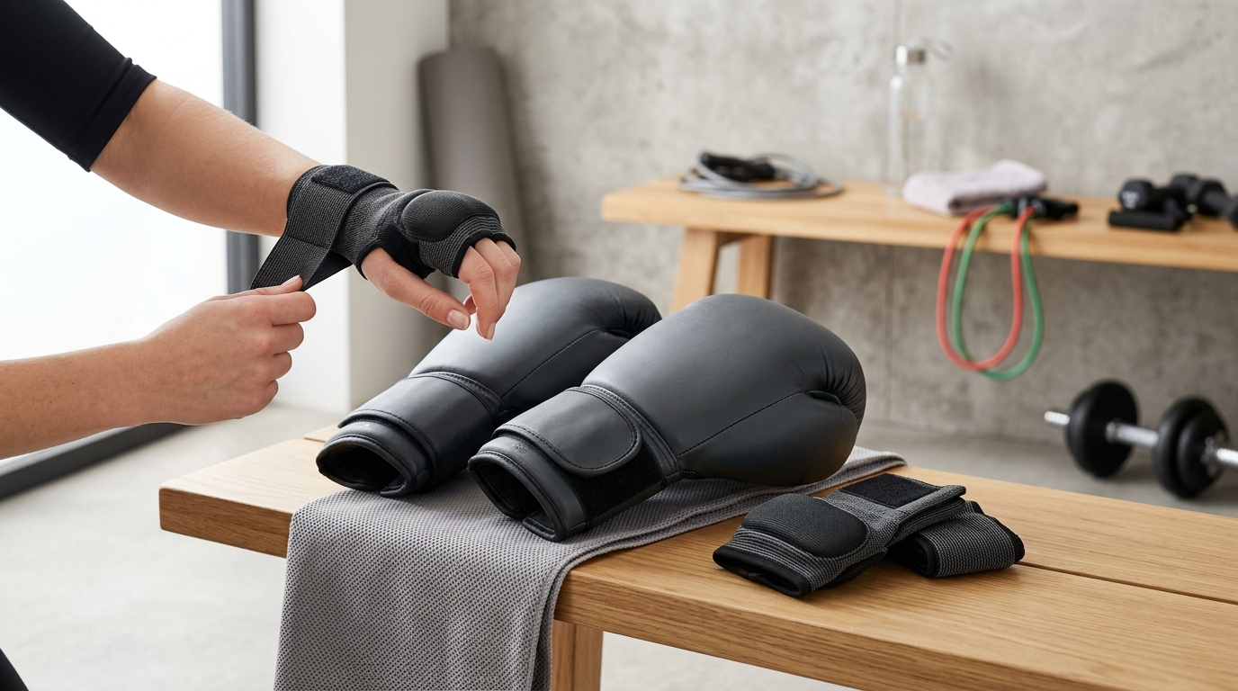 Slip-on gel boxing wraps and boxing gloves displayed in a clean workout setting