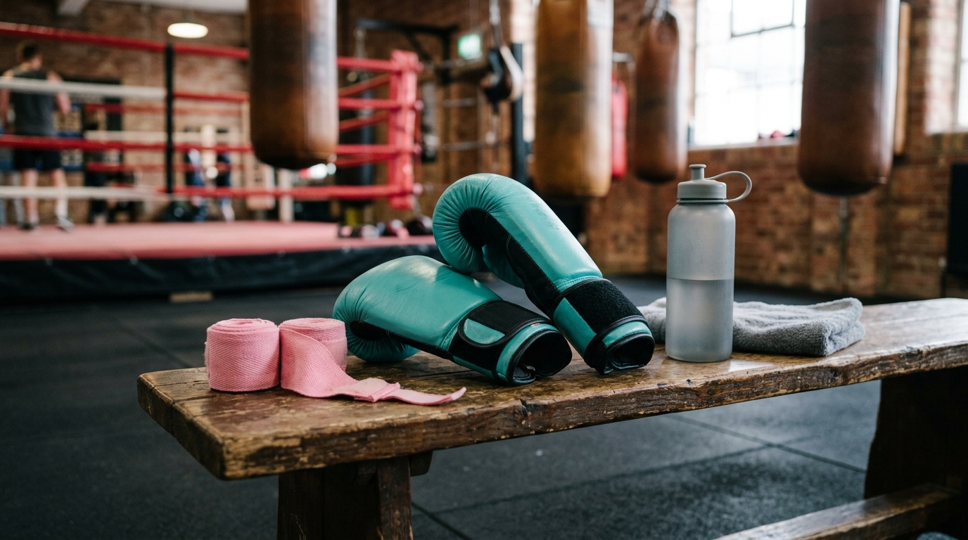 Women’s boxing hand wraps and gloves arranged neatly in a gym setting.