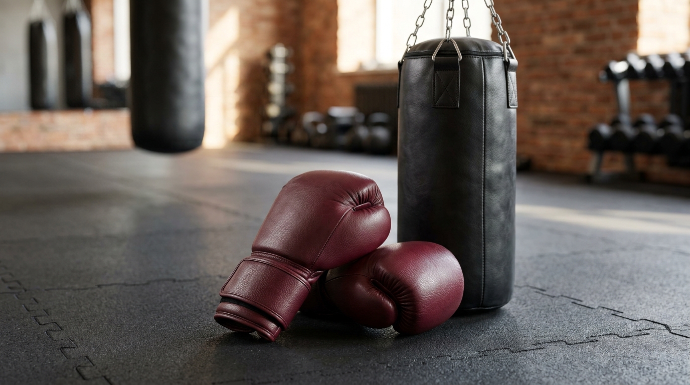 Women’s leather boxing gloves displayed on a bench beside a heavy bag.