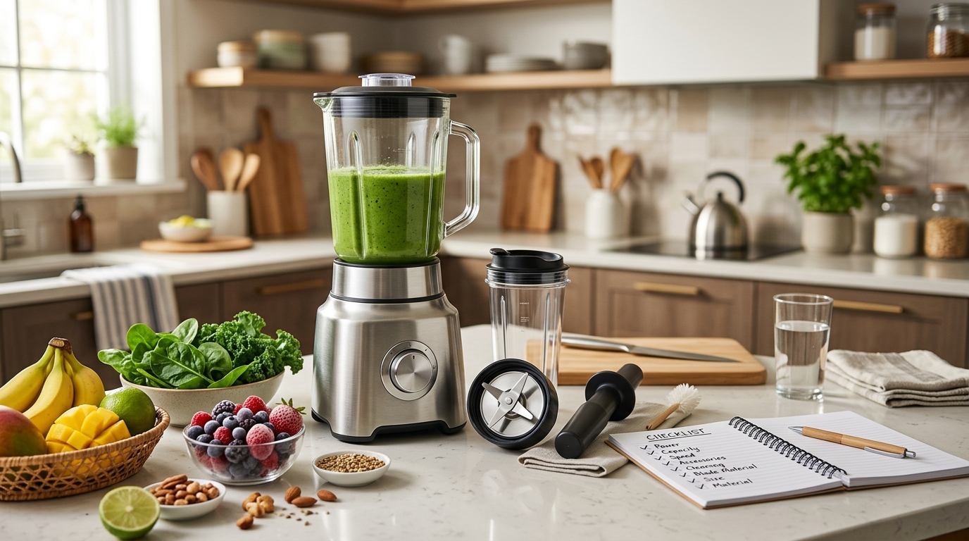 Blender buying guide setup with blender, cups, blades, fruit, greens, frozen berries, and a checklist notebook