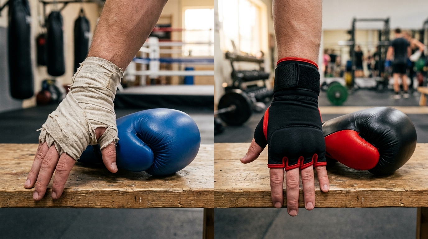 Comparison of low-quality cloth inner gloves and gel-padded speed wraps for boxing.