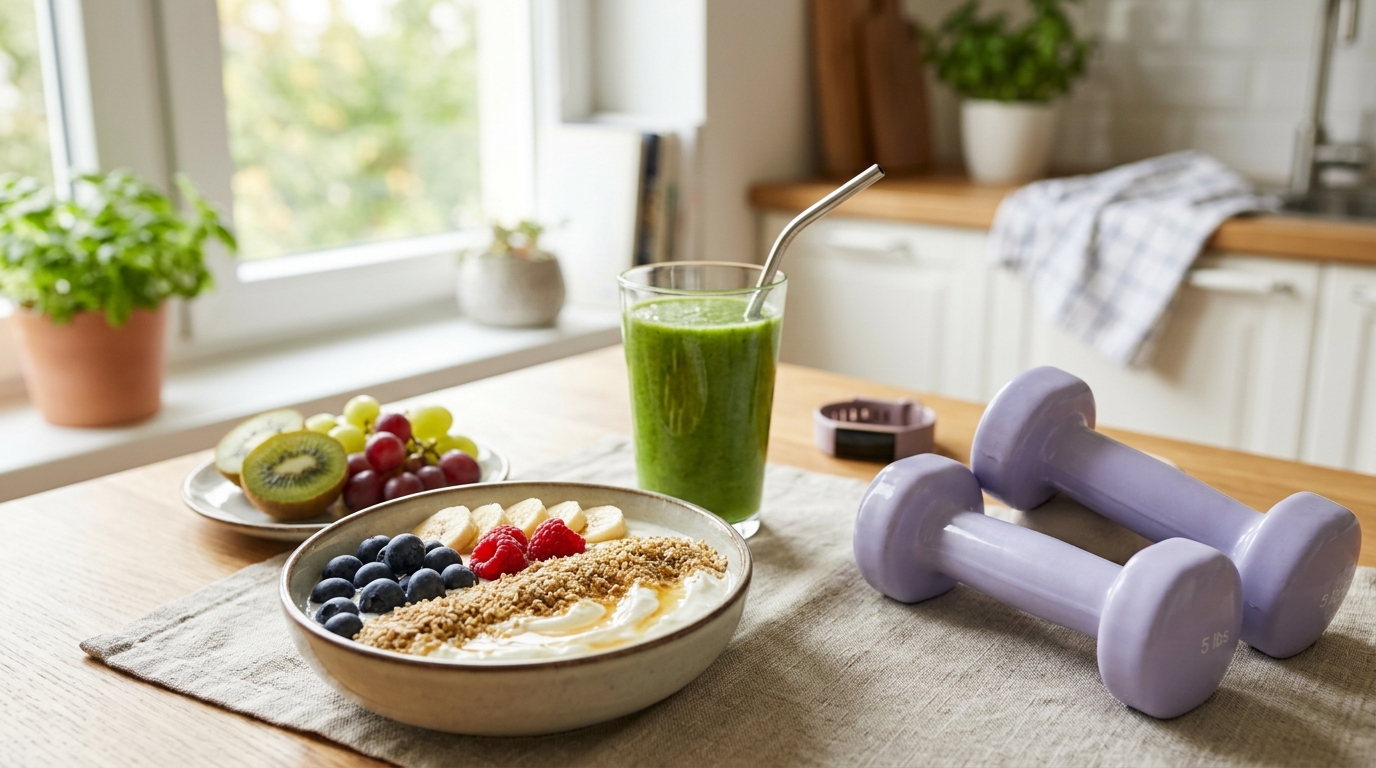 Healthy breakfast bowl with wheat germ, smoothie, fresh fruit, and dumbbells for women’s fitness energy.