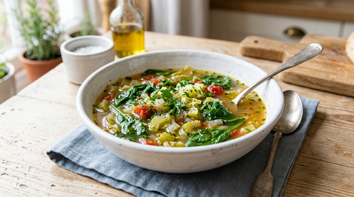 Bowl of cabbage and spinach soup with tomatoes, celery, and parsley in a light broth.
