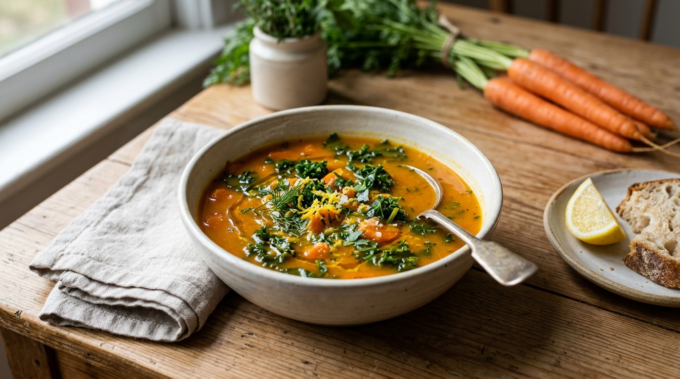 Bowl of carrot and kale soup for weight loss with lemon zest and fresh herbs.