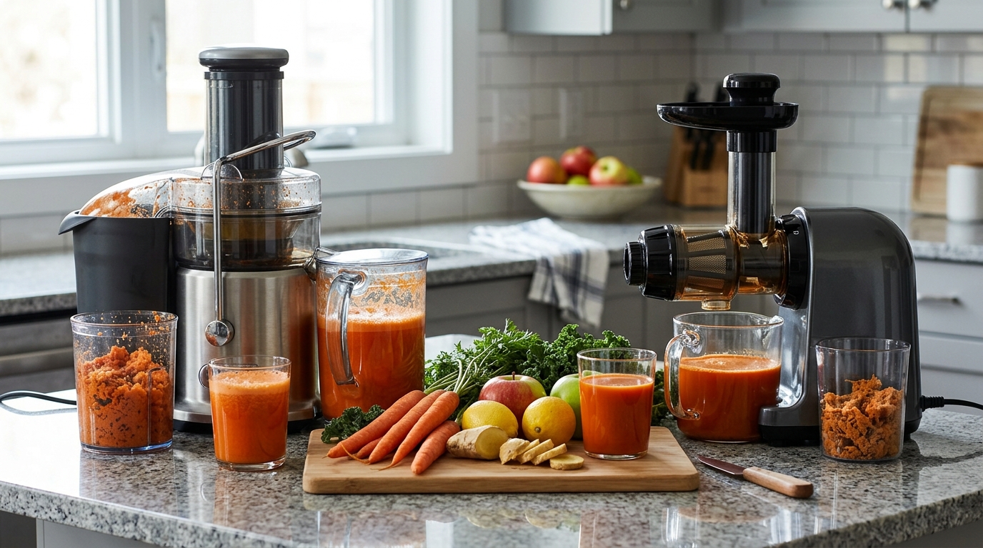 Centrifugal juicer and slow masticating juicer compared side by side with fresh produce and juice.