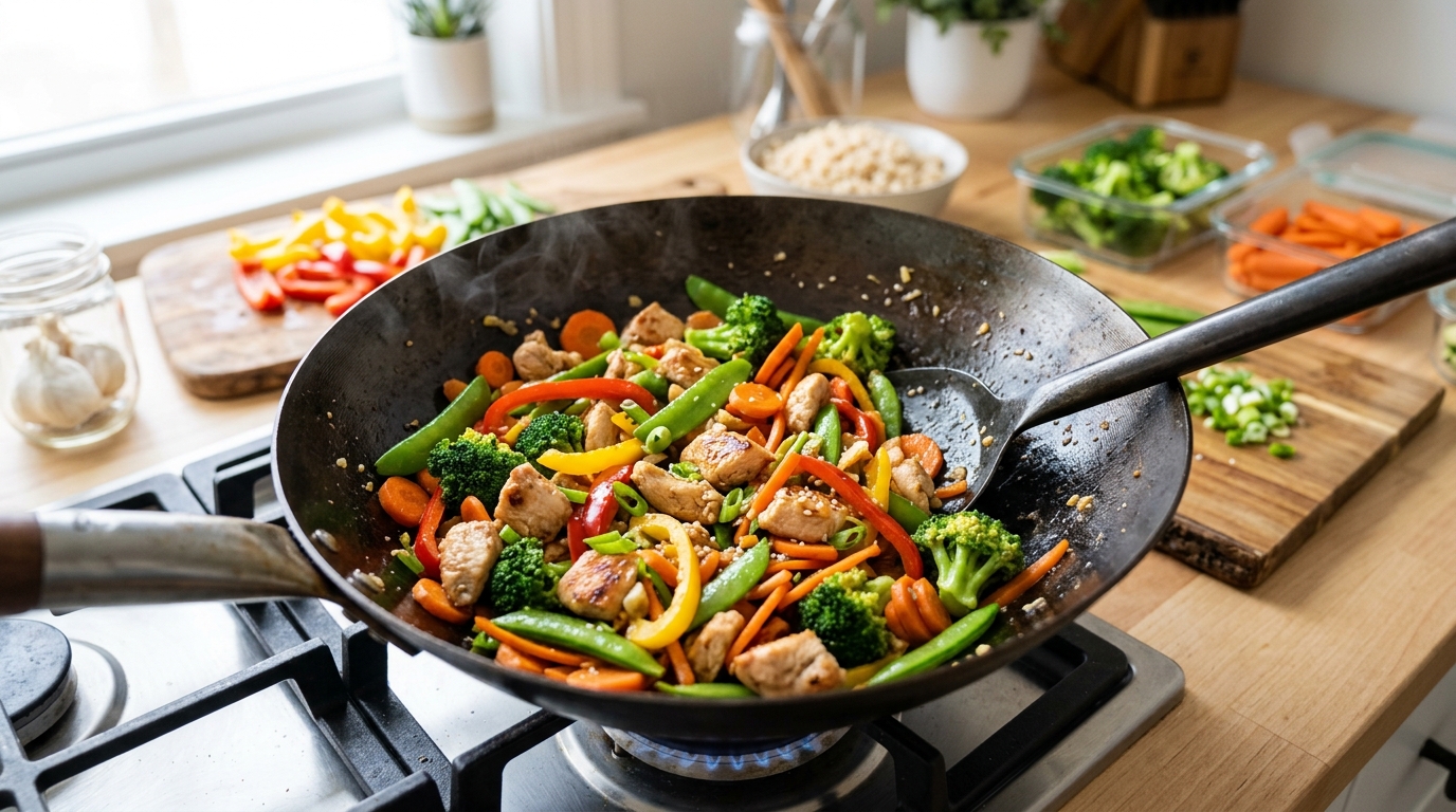 Healthy chicken stir fry with broccoli, bell peppers, carrots, snap peas, garlic, ginger, and light sauce.