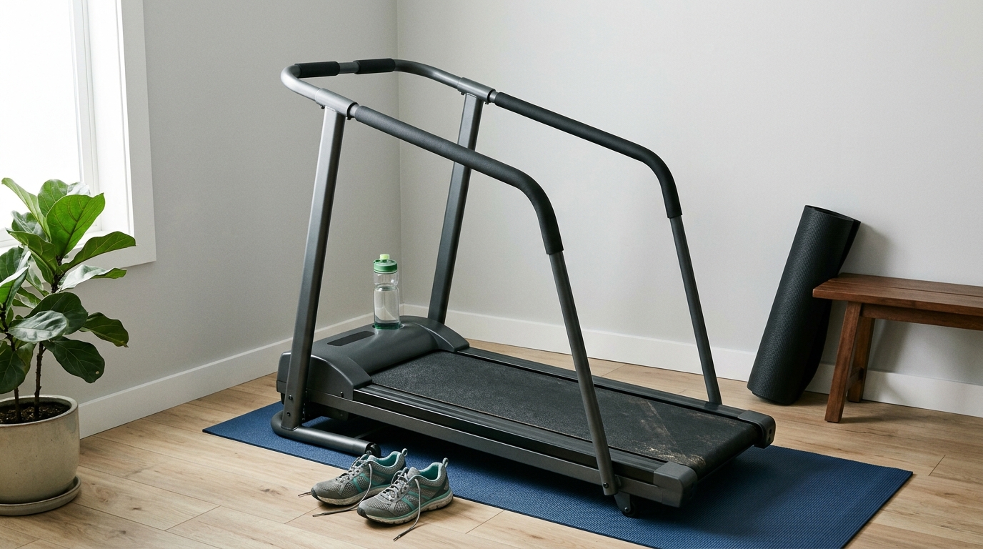 Compact manual treadmill for beginners in a clean home workout space with walking shoes and a water bottle.