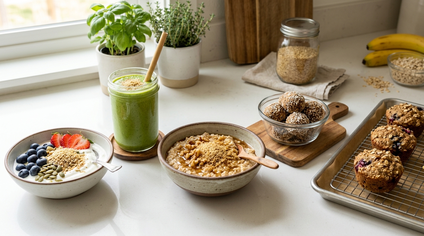Wheat germ added to yogurt, smoothie, oatmeal, energy balls, and healthy baking ingredients.