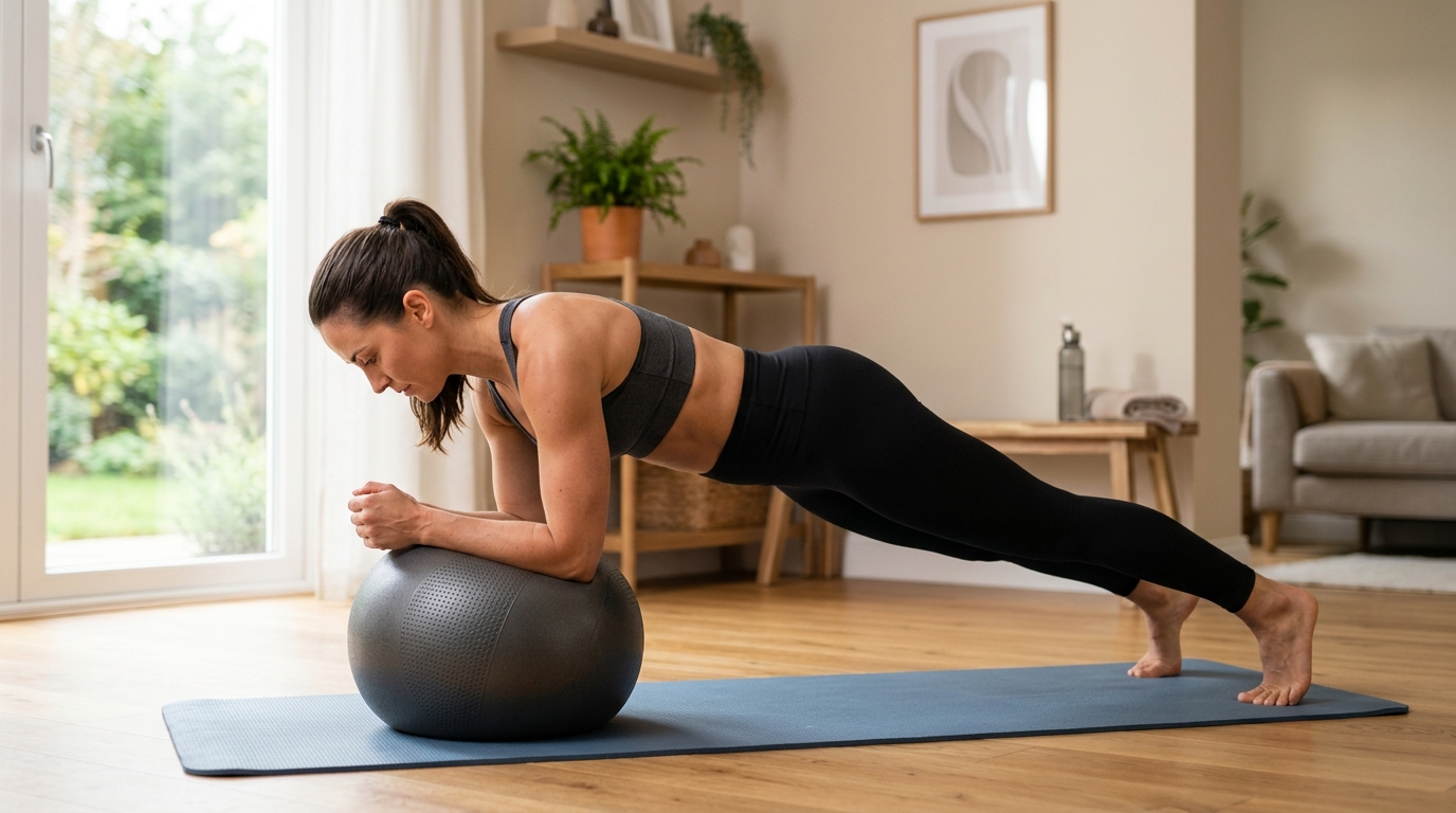 Woman performing a fitness ball plank variation at home for core strength.