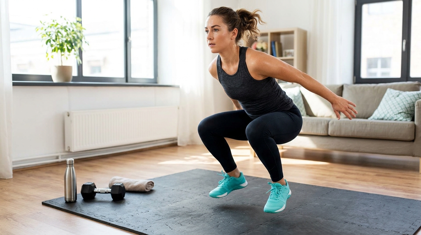 Woman doing a fast-paced HIIT home workout with jump squats and mountain climbers.
