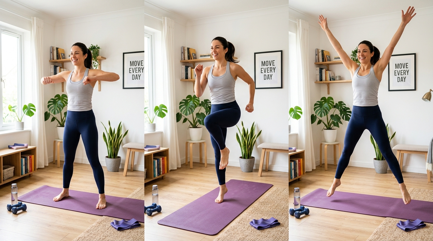 Woman performing a dynamic warm-up with arm circles and high knees at home.
