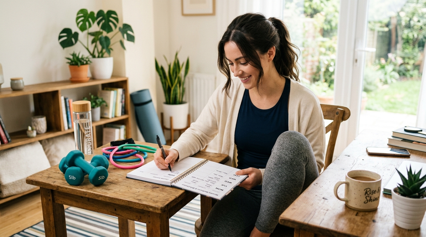 Woman planning a weekly home workout schedule with fitness gear nearby.