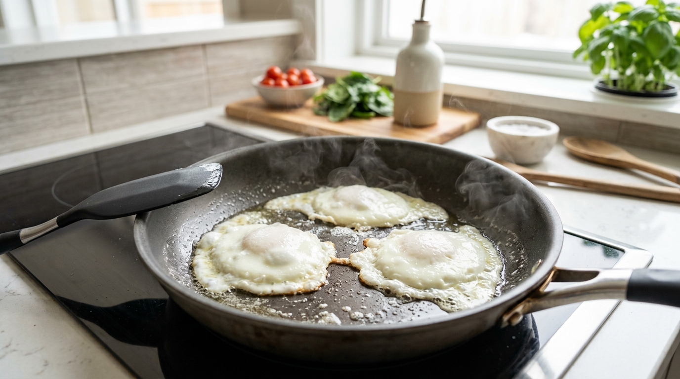 Egg whites cooking in a frying pan for a healthy high protein breakfast wrap. 