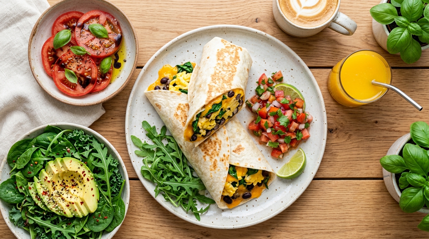Breakfast egg wrap with tomato, basil, avocado, greens, and salsa topping options.