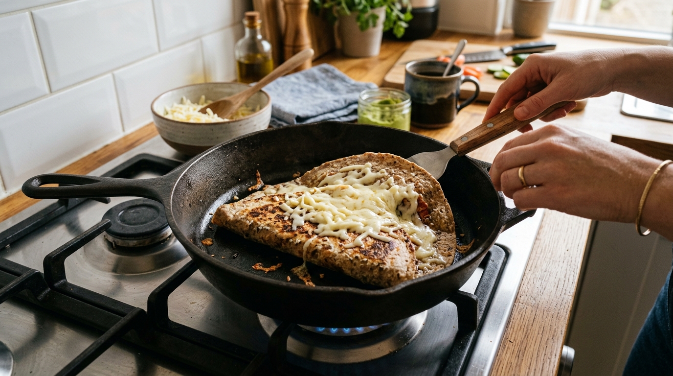 Ezekiel wrap toasting in a pan with mozzarella melting on top.