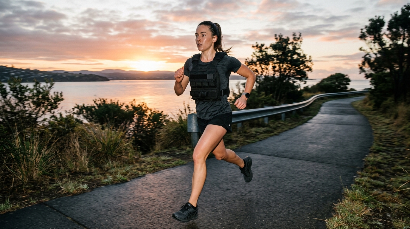 Female athlete running with a weighted vest on an outdoor track at sunrise.