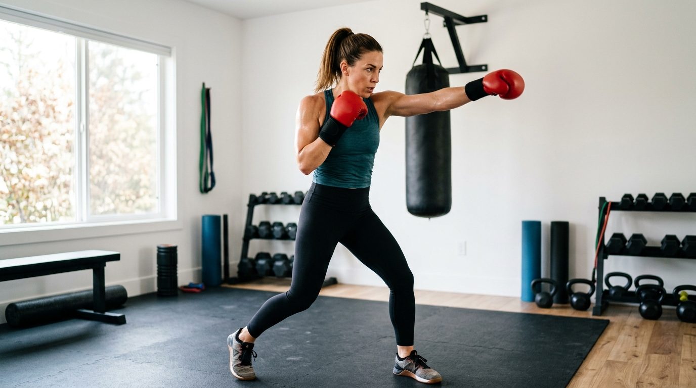 Woman following a home boxing workout routine with punches and cardio movement