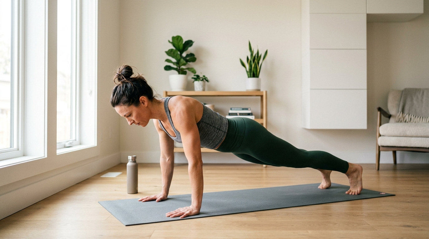 Woman doing a no-equipment arm workout at home using bodyweight exercises