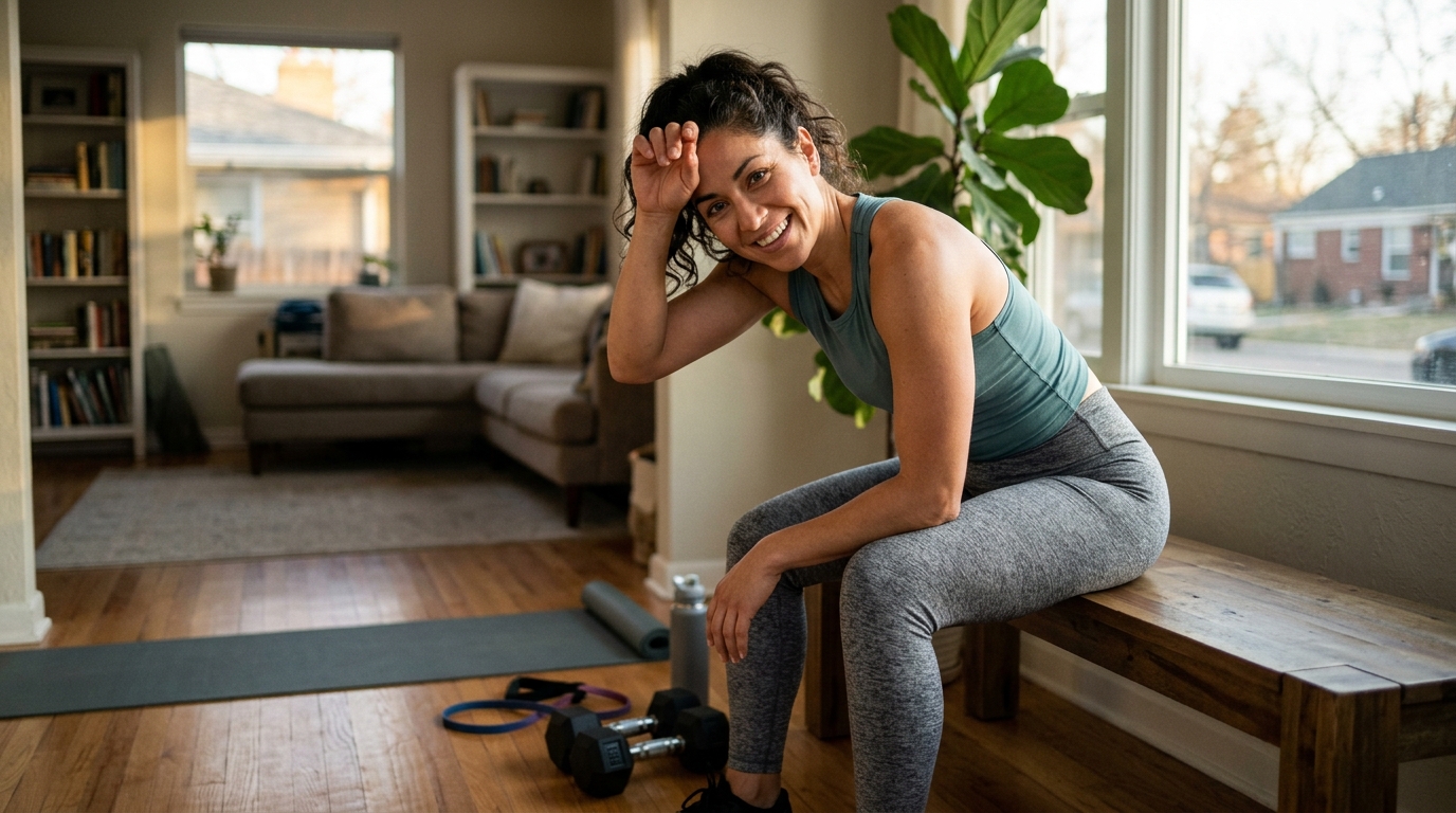 Woman taking a short pause during a full body workout at home with dumbbells nearby.