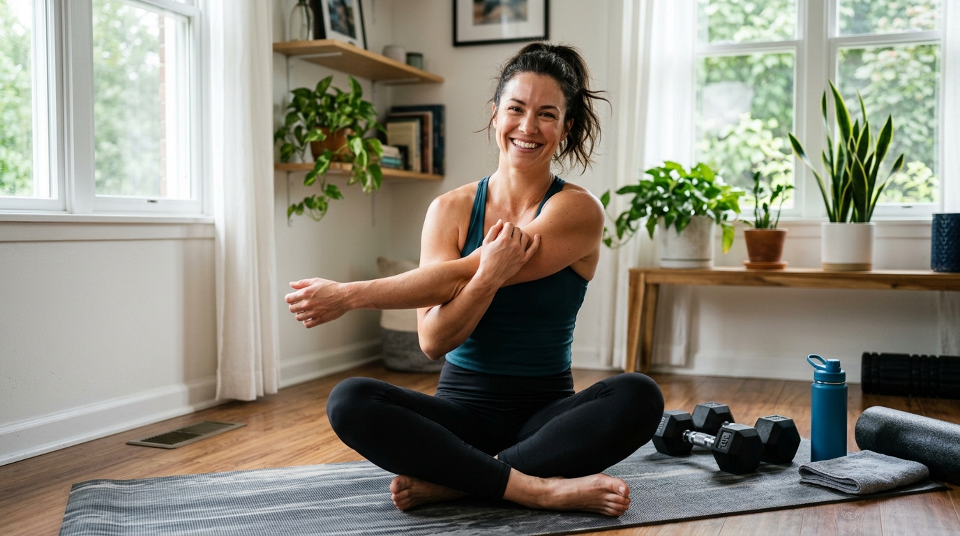 Woman cooling down after an arm workout at home with dumbbells nearby