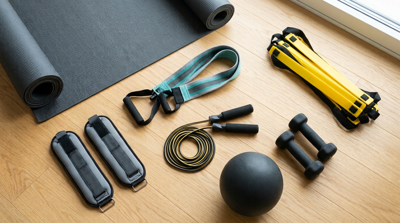 Home cardio workout equipment including a resistance band, fitness mat, medicine ball, jump rope, agility ladder, light dumbbells, and ankle weights.