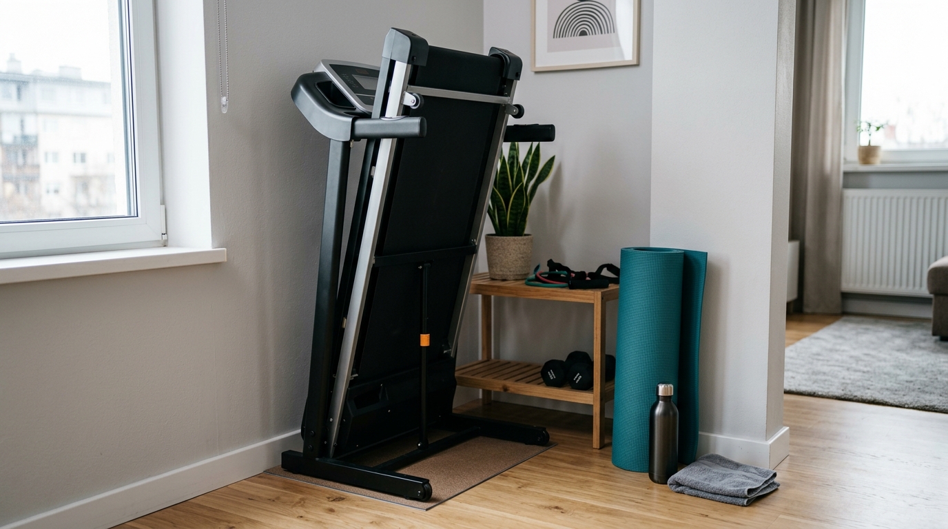 Foldable treadmill stored in a small home workout space with fitness accessories nearby.