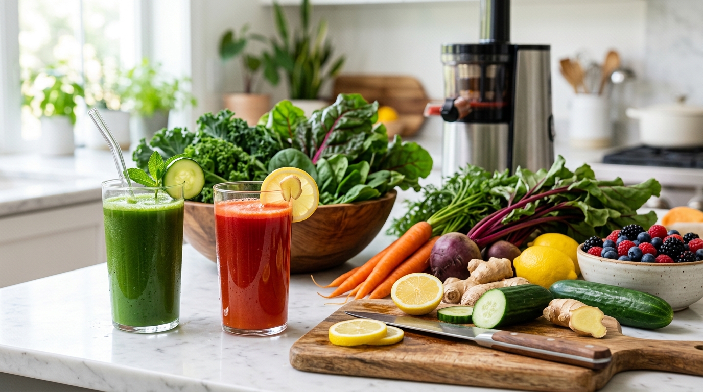 Fresh green and vegetable juices with leafy greens, carrots, beets, ginger, lemon, cucumber, and berries.