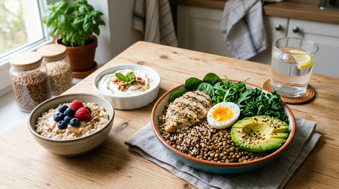 Healthy foods such as lean protein, greens, oats, and yogurt that support belly fat loss.