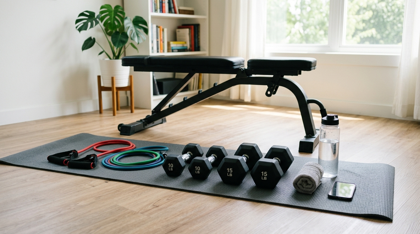 Home arm workout equipment including dumbbells resistance bands bench and mat