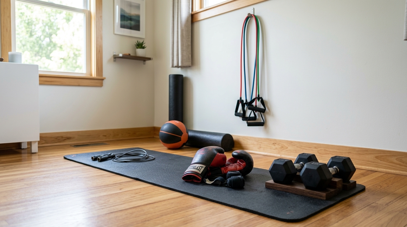 •	Home boxing and leg workout equipment setup
