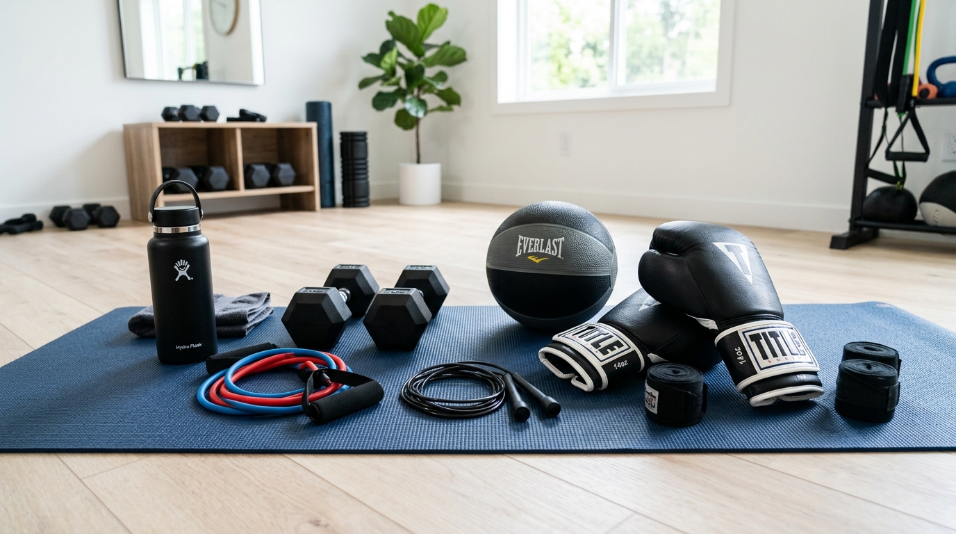 •	Home boxing workout equipment with dumbbells gloves and medicine ball