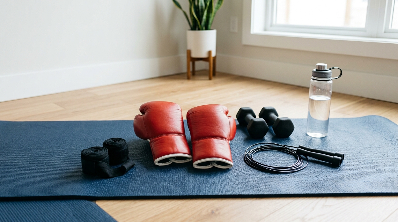 Home boxing workout equipment including gloves hand wraps jump rope dumbbells and mat