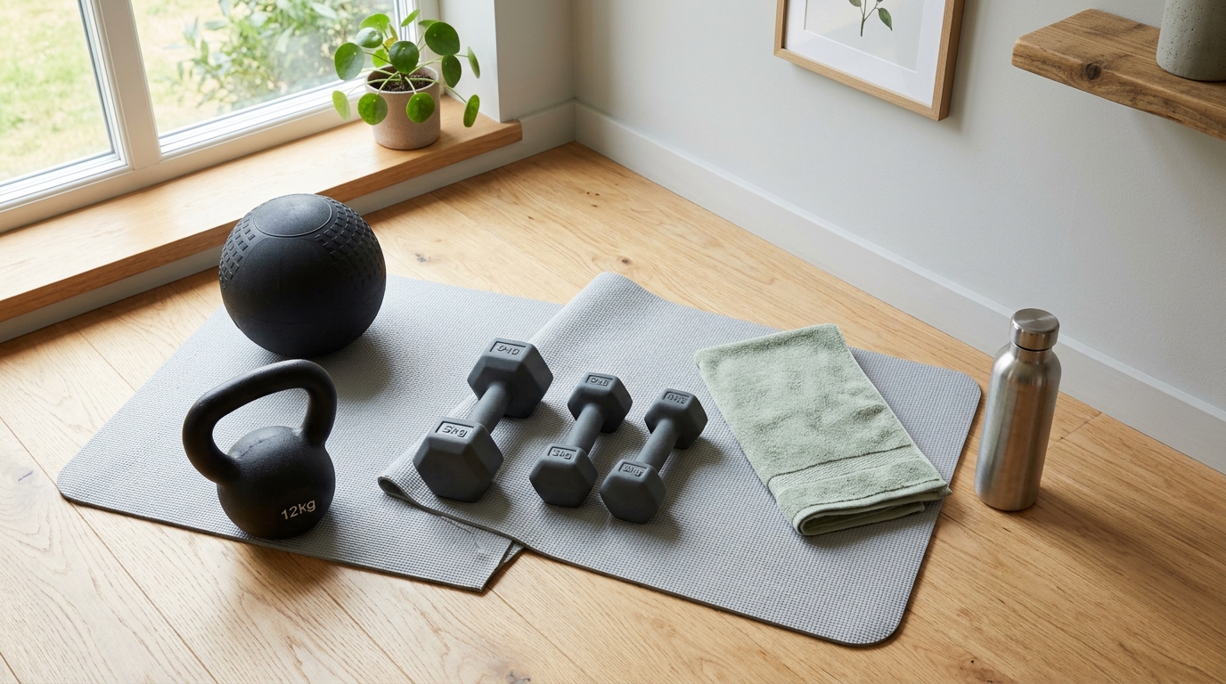 Slam ball, kettlebell, dumbbells, and workout accessories arranged in a bright home gym.