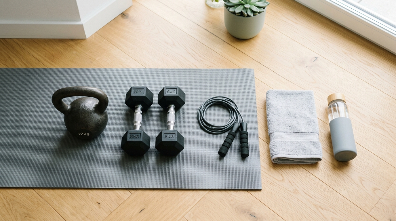 Kettlebell, dumbbells, exercise mat, and jump rope arranged for a full body home workout.