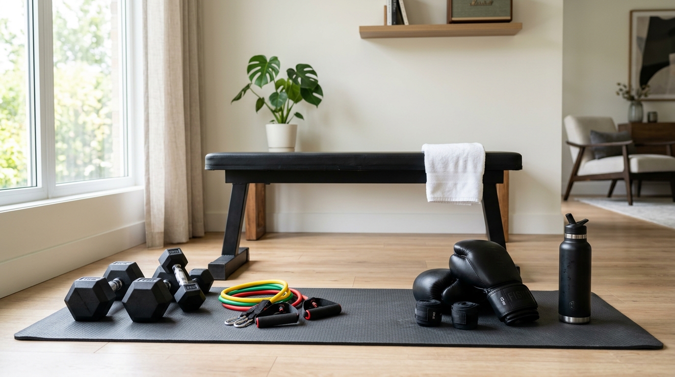 Home arm workout equipment including dumbbells resistance bands mat and boxing gloves