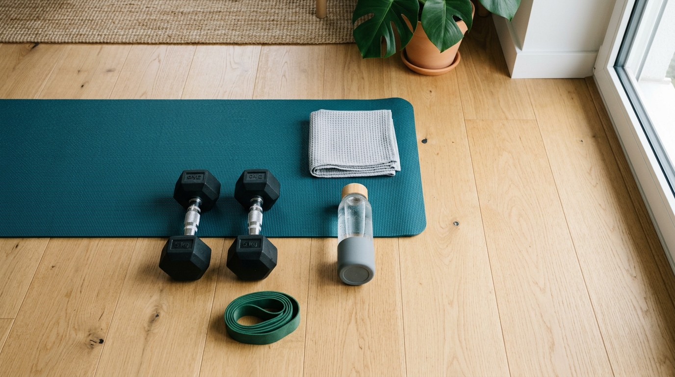 Dumbbells, exercise mat, towel, water bottle, and resistance band arranged for a flat belly and arm workou