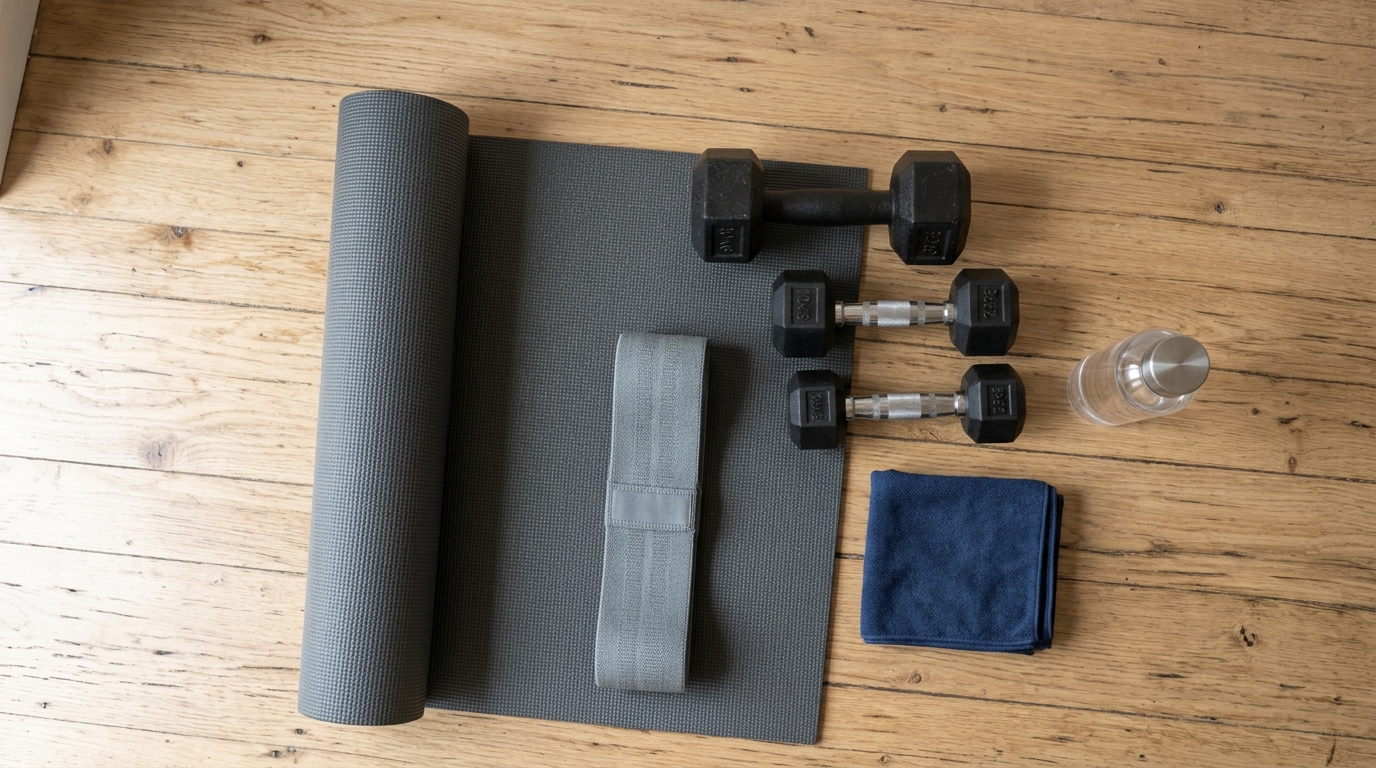 Fitness band, dumbbells, exercise mat, towel, and water bottle arranged for a lower body workout at home.